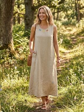 Vintage Sleeveless Linen Maxi Dress Embroidered Butterflies Cream Floral Beige